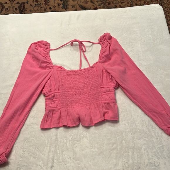 Free People Pink Chloe Smocked Tie Back Crop in Aurora Pink OB1410102 Size Small - Picture 4 of 11